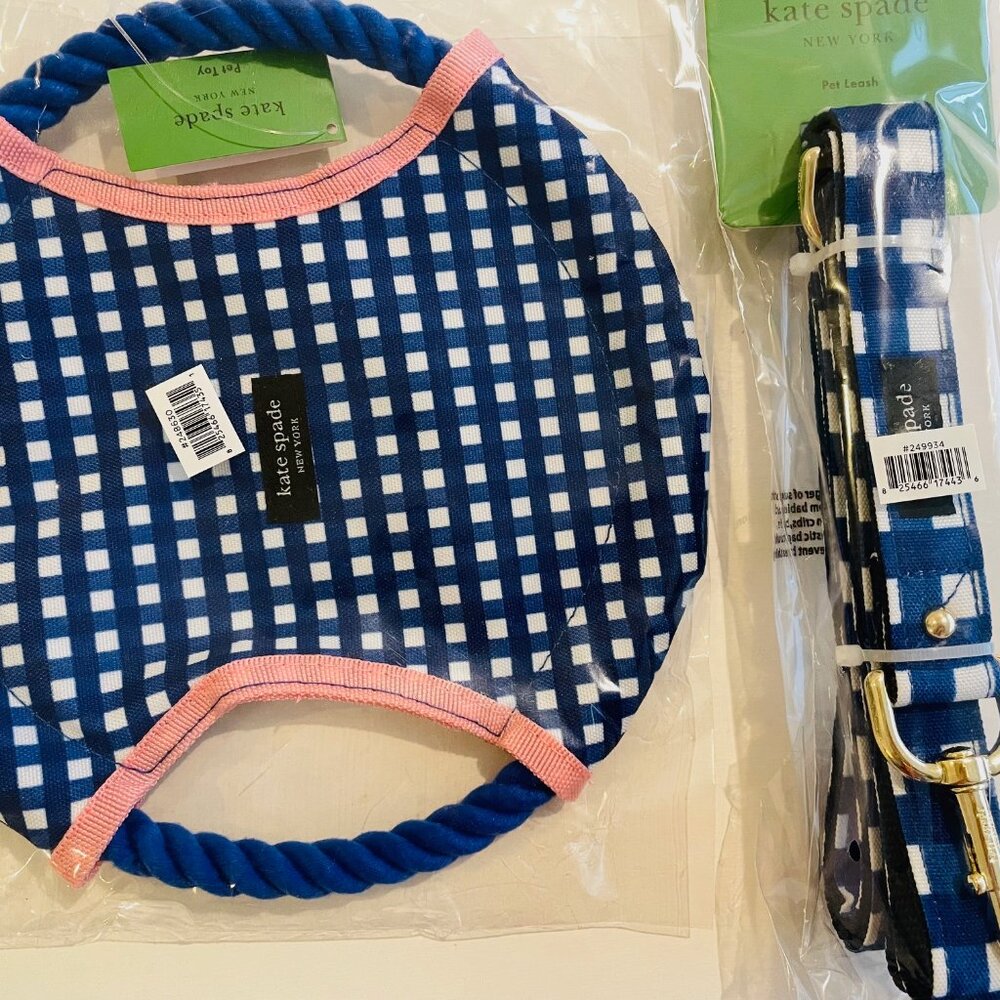 Kate Spade New York Navy Gingham Leash (/L) and round chew toy ,frisbee for dog